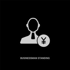 white businessman standing with yen vector icon on black background. modern flat businessman standing with yen from people concept vector sign symbol can be use for web, mobile and logo.