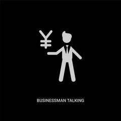 white businessman talking about yen vector icon on black background. modern flat businessman talking about yen from people concept vector sign symbol can be use for web, mobile and logo.