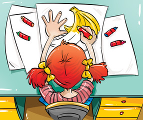 girl draws a picture of a banana