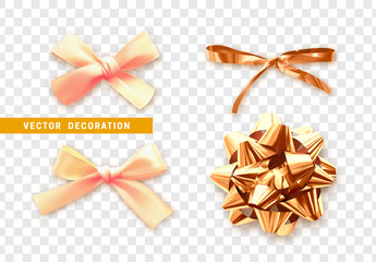 Set of golden ribbons bows. Festive realistic decorative design elements. Celebrate decoration. Vector illustration