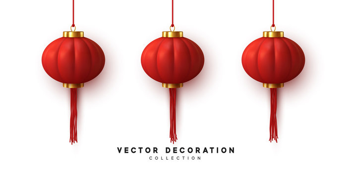 Chinese hanging red lanterns realistic isolated on white background.