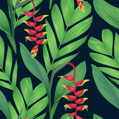 Seamless pattern of Heliconia flowers or lobster-claws and tropical leaf background. Vector set of exotic tropical garden for holiday invitations, greeting card and fashion design.