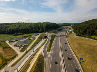 Aerial view of Highway A8 on the swabian alp between Ulm and Merklingen with construction works of the Stuttgart21 railway project