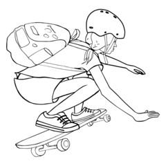 cartoon teen girl skateboarder on skateboard in red helmet skateboarding roll on. Hand drawn vector illustration isolated on white background.
