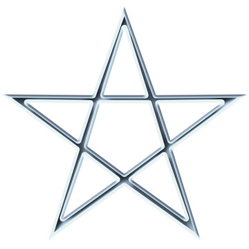 Reversed Pentagram symbol. Wiccan symbols- Cross of Sulfur. Metal runic spell circle. Satanic sign, Magic casting ring. Pentalpha, Pentangle. 3d illustration.