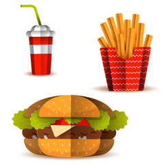 Colorful Fast food vector isolated on white background. Fast food hamburger dinner and restaurant paper cut style