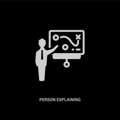 white person explaining strategy on a board with a sketch vector icon on black background. modern flat person explaining strategy on a board with sketch from business concept vector sign symbol can