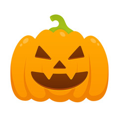 Orange halloween pumpkin with scary face expression grimace flat style design vector illustration isolated on white background.