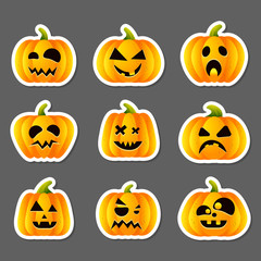 Set of halloween pumpkins stikers, funny faces vector illustration