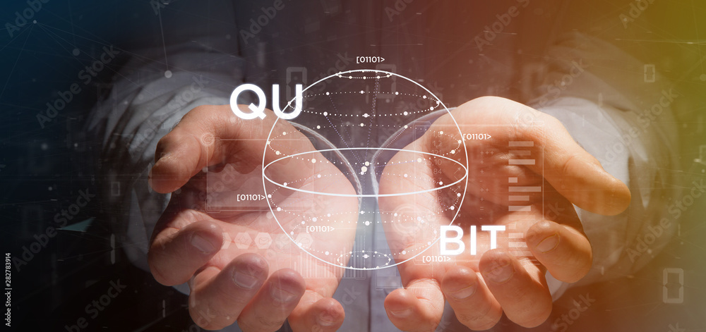 Poster businessman holding quantum computing concept with qubit icon 3d rendering