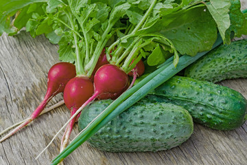 Fresh small green cucumbers with radishes and green onions on an old wooden table, summer vegetable harvest close-up