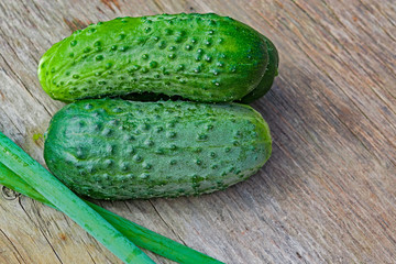Fresh small green cucumbers on an old wooden table, summer vegetable harvest close-up