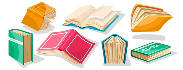 Big set with red, yellow, green, blue opened and closed textbooks, business diaries, workbooks in different positions. World book and copyright day concept. Vector cartoon icons on white.