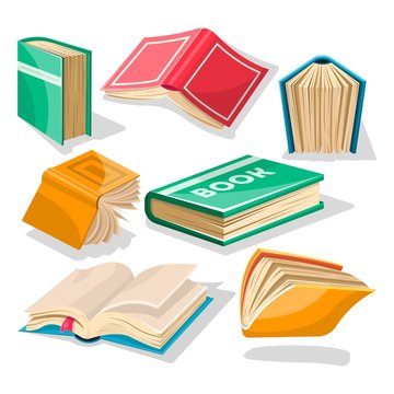 Big set with red, yellow, green, blue opened and closed textbooks, business diaries, workbooks in different positions. World book and copyright day concept. Vector cartoon icons on white.