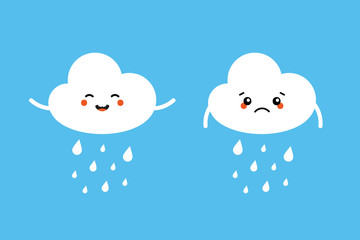 Set, collection of raining cloud characters, sad and happy, expressing their emotions about the weathe
