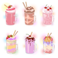 Vector set of multicolor milkshakes with straws in glass cups. Desserts with berry, fruit, chocolate, vanilla, hazeled flavours. Cold sweet beverages made from milk, ice cream. Vector cartoon.