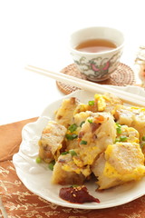 Chinese food, stir fried egg and turnip cake
