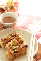 Chinese new year food, pan fried turnip cake 