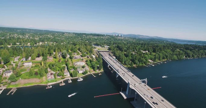 Medina Washington - Aerial Flying Over Highway 520 Bridge as Traffic Crosses From Seattle to Bellevue