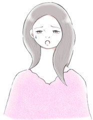 頬に汗を浮かべる困り顔の若い女性