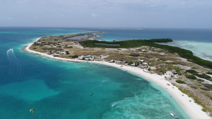 Caribbean: Vacation in the blue sea and deserted islands. Aerial view of a blue sea with crystal water. Great landscape. Beach scene. Aerial View Island Landscape Los Roques