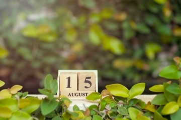wooden calendar on wall leaves items to tell date, symbol of appointment, reminder, idea shows 15 August