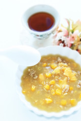 Chinese food, homemade ground pork meat and corn soup
