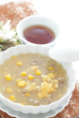 Chinese food, homemade ground pork meat and corn soup