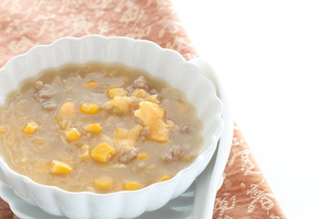 Chinese food, homemade ground pork meat and corn soup