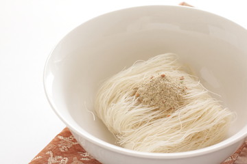 Asian food, instant rice noodles and seasoning