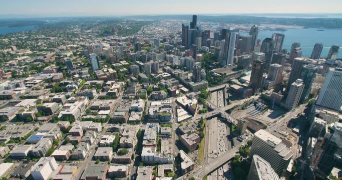 Panning Aerial Helicopter View of Downtown Seattle Washington and Capitol Hill Neighborhood