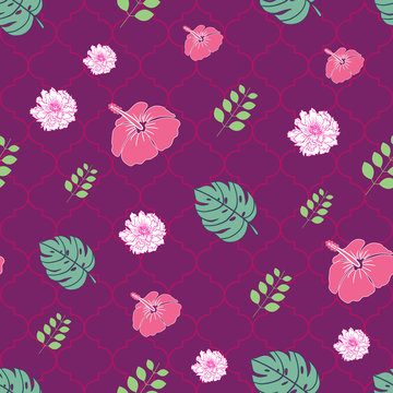 Seamles flowers and leaves pattern. peony and hibiscus on purple background