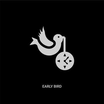 White Early Bird Vector Icon On Black Background. Modern Flat Early Bird From Crowdfunding Concept Vector Sign Symbol Can Be Use For Web, Mobile And Logo.