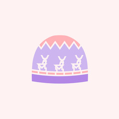 Icon of winter headwear with geometric pattern and deers. Flat style vector hat in trendy in purple and pink. Isolated design element for web.
