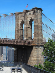 New York, NY, USA. Views of the Brooklyn bridge from the historic and trendy Dumbo neighborhood. Wonderful summer day. Holiday time