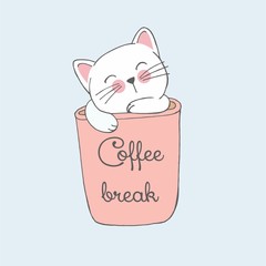 Coffee break lettering cup of coffee with cat illustration, hand drawn in minimalistic style. for prints posters cards postcards banners books and notebooks