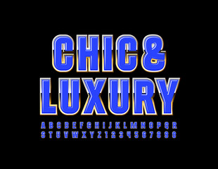 Vector Chic and Luxury Font. Blue and Golden Uppercase Alphabet Letters and Numbers