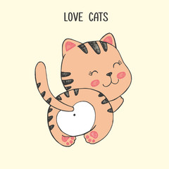 Vector illustration of cute hand drawn cat, back view, ass with a heart-shaped stain, striped tail, card with lettering love cats, animal protection, cartoon brown kawaii kitten drawn in anime style