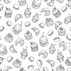 Vector seamless pattern with hand drwn simple cakes with chocolate and berries and croissants. Line art. Black and white