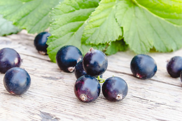 Black currant lies next to the green leaves on a wooden background. Juicy natural fruits currant.