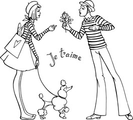 Vector hand drawn illustraton . Girl, boy, rose, poodle, franch style, love in Paris. Line art. Black and white.