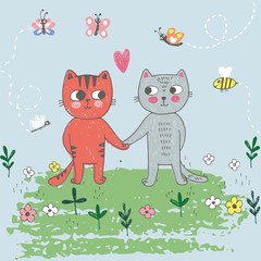 Vector hand drawn illustration of two cats in love, hold hands. Summer day, lovely Valentine's day card drawn with colored crayons and pen. Grey and red kittens in the meadow, park, nature