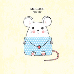 Vector hand drawn illustration of cute white mouse with polka dot envelope, lettering message for you isolated on scratched grunge yellow cheesy background, Valentine's day card, letter with heart