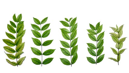 Collection of fresh green leaves branch isolated on white background