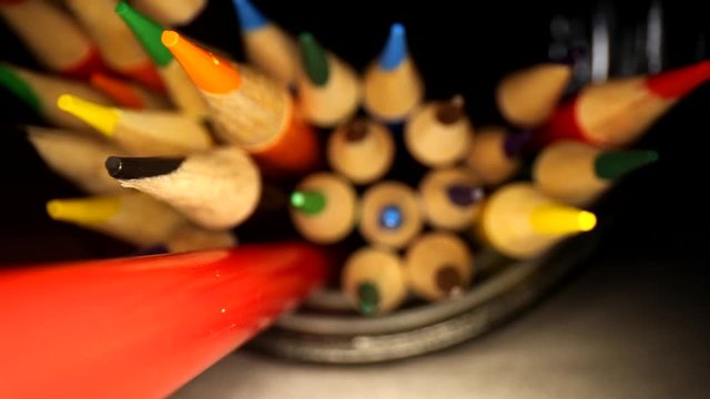 Moving away from a jar of colored pencils. Narrow focus where the tips are in focus to start. Using a wide angle probe lens to get a unique perspective.