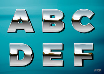 Vector realistic chrome letters with landscape relection, on a bright blue car background. A, B, C, D, E, F. Set 1 from 7, search others in portfolio.