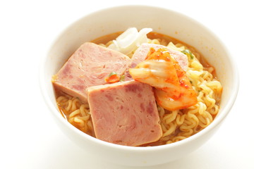 Korean food, luncheon meat and spicy ramen noodles
