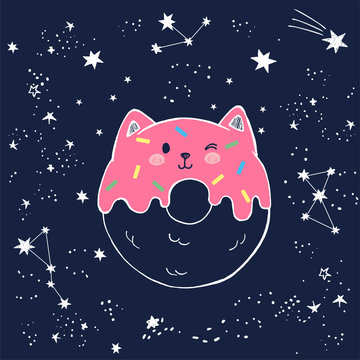 Vector cute hand drawn illustration of glazed cat shaped sweet donut with pink jam, marzipan topping, kawaii face in anime styl, outer space with falling stars, star dust and constellations