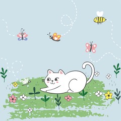 Obraz na płótnie Canvas Vector illustration drawn with a tablet. Cute cat catches flying insects, summer day, lovely card drawn with colored crayons