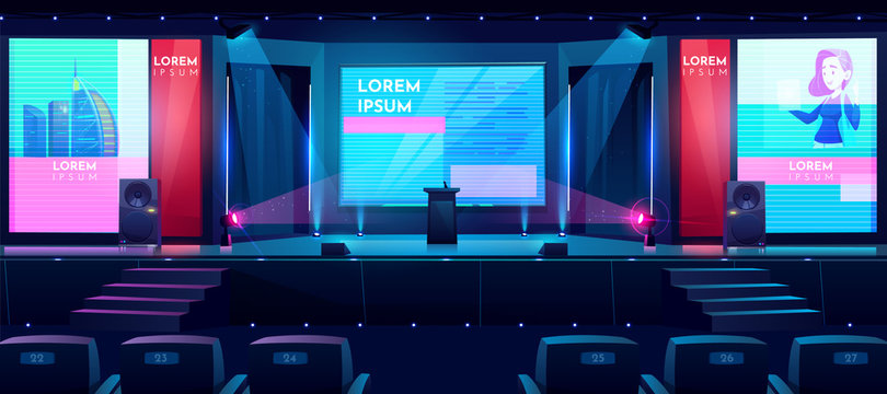 Hall for business conferences, investment projects presentations, shareholders event or meeting with slides on projection screens, sittings rows and tribune on stage cartoon vector illustration